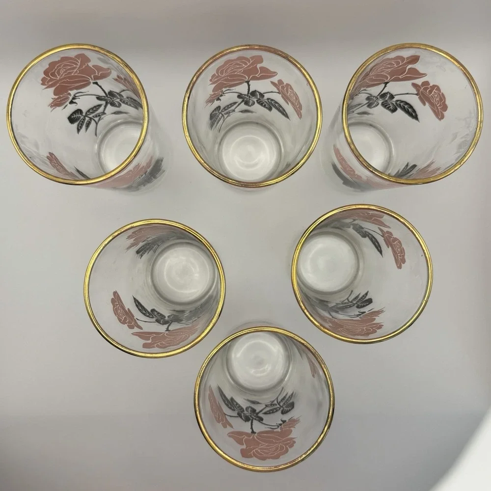 Vintage‎ Pink Rose Glasses Set of 6 Highball Gold Rim Floral Tumblers 1960s MCM